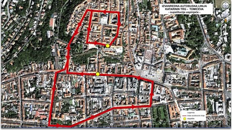 trasa izvanredne autobusne linije `katarinin trg - tomićeva ulica` trasa izvanredne autobusne linije `katarinin trg - tomićeva ulica`